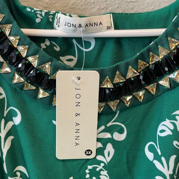 Jon & Anna Green Maxi Dress Beaded Neckline Floral Sleeveless Elastic Waist 3X - Picture 2 of 14